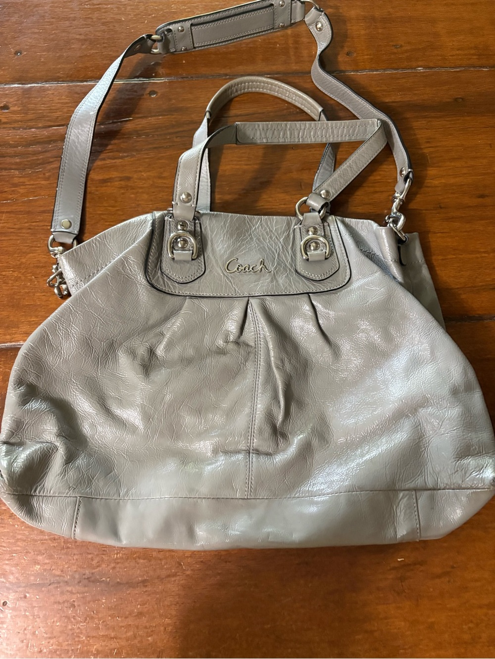 Coach Pebbled Patent Leather Tote Bag in Light Gray